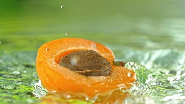 Super Slow Motion Shot of Fresh Apricot Falling into Water and Making Splash at 1000fps.