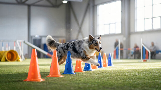 Dog jumping over obstacles during agility training indoors  