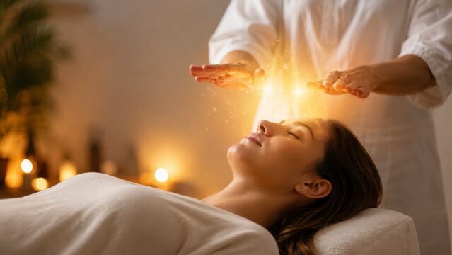 Relaxed person with hands channeling warm golden healing energy above the head