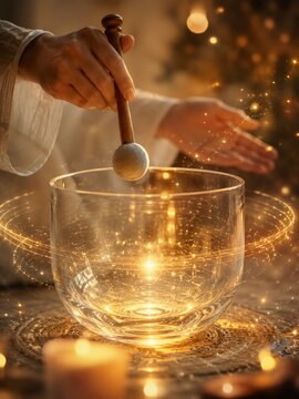 Close up of hands striking a crystal singing bowl with a wooden mallet, glowing golden vibrations and mystic ambiance
