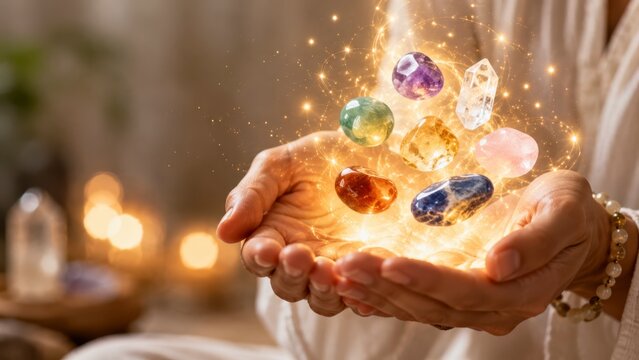 glowing crystals hovering above cupped hands in a mystical healing scene with warm ambient light