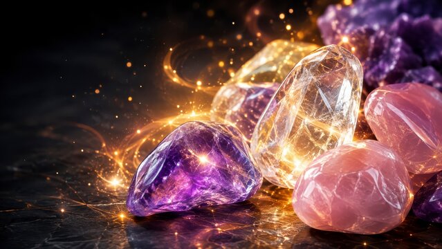 Macro closeup of polished healing crystals glowing with magical energy on a dark luxury wellness background