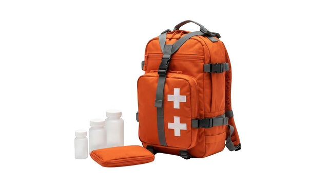 Orange emergency first aid backpack with medical supplies isolated on transparent background