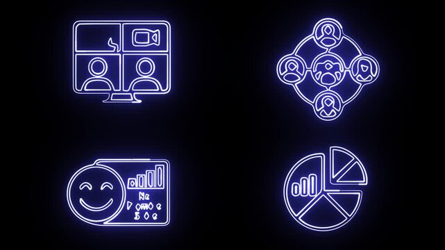 Neon icon set 4K loop animation on black background. Video conference monitor, stakeholder team network node, customer success metrics graph and data resource pie chart.
