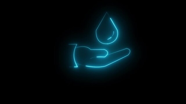 Glowing neon hands Washing with water icon isolated on black background. Hand Washing Hygiene Icon. Washing hands with soap to prevent virus and bacteria. 4k video animation.