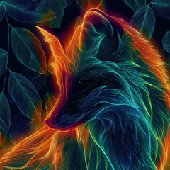 Fototapeta premium A fox stands out with neon outlines against dark leaves in a vibrant wildlife scene at night in a forest.
