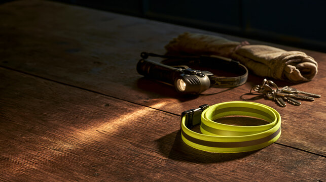 Reflective band flaring silver in the beam of a head torch
