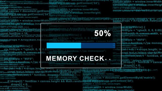 Digital memory check loading bar with scrolling programming code background, for cybersecurity and, software development concepts