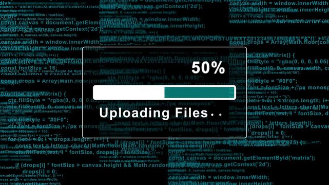 Digital uploading files progress bar with scrolling source code background, for cybersecurity and, software development concepts