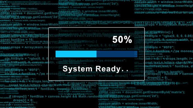 Digital system ready progress bar with scrolling source code background, for cybersecurity and, software development concepts