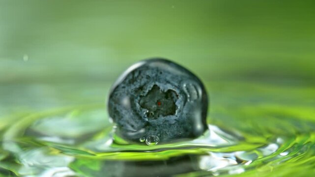Super Slow Motion Shot of Fresh Blueberry Falling into Water and Making Splash at 1000fps.