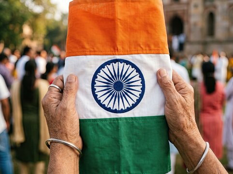 Elderly person holding the Indian national flag with deep pride and respect during a public celebration at a historical landmark in the country