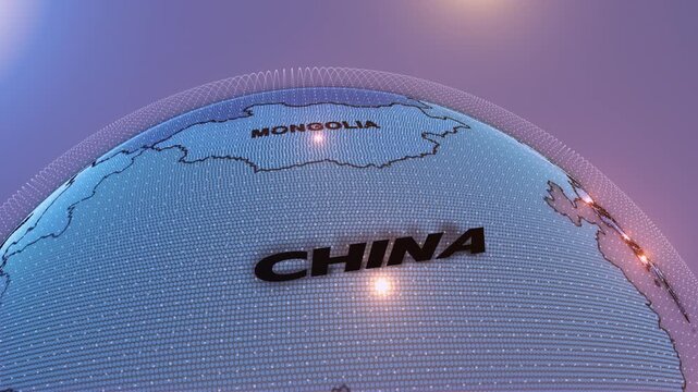 a digital futuristic-style globe focusing on CHINA, china map, MONGOLIA map,