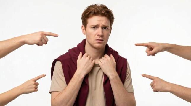 Young man feeling blamed as hands point at him in an accusation concept on white background.