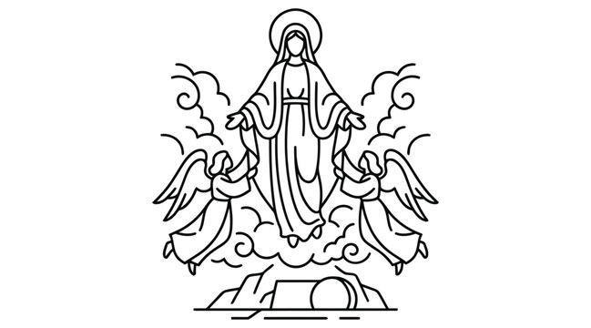 Assumption of Mary line art illustration with angels and clouds white background