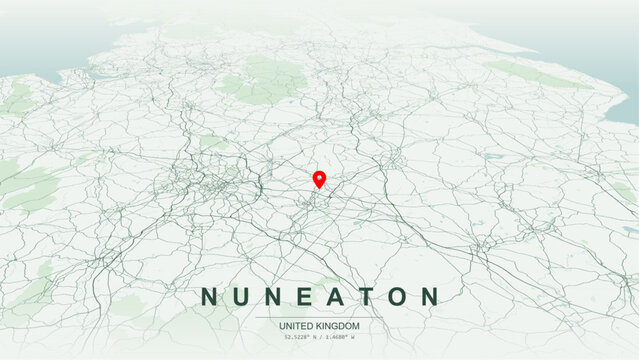 Modern minimalist vector map of Nuneaton, Warwickshire, England. High-quality scalable illustration of Nuneaton geographic boundaries along Coventry Canal and River Anker contours for posters design.