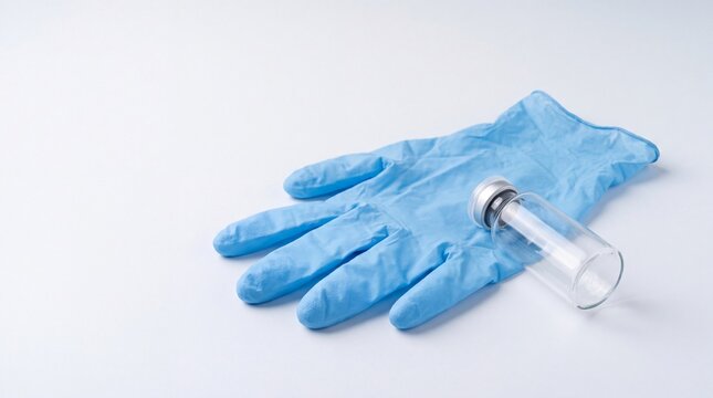 Blue medical glove and sterile glass vial. Laboratory equipment for vaccine or drug research.