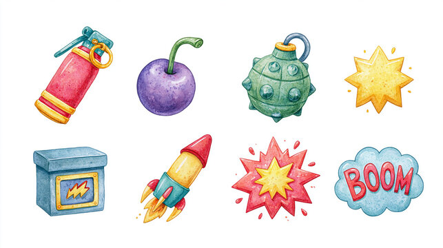 Colorful cartoon-style explosive and playful elements in various shapes.