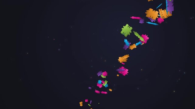 3D jigsaw puzzle pieces falling. Colorful abstract motion graphic with floating elements.