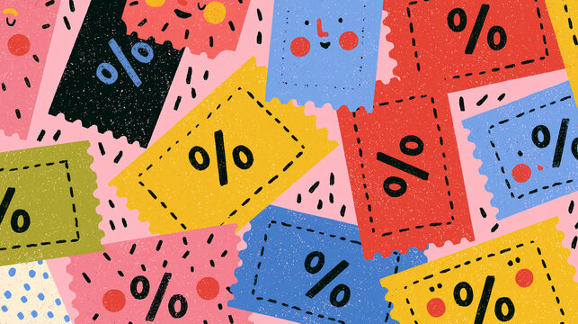 Colorful discount coupons scattered on a vibrant background.