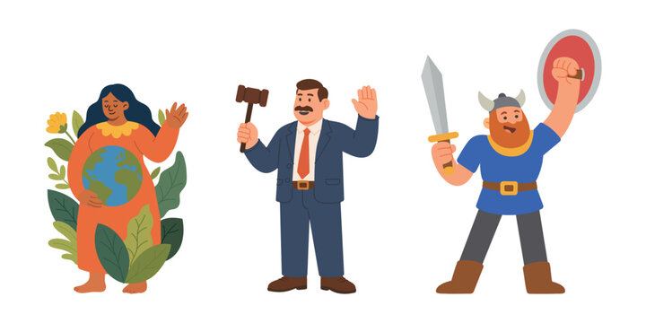 Set of three cartoon characters. Eco friendly mother earth, professional judge with gavel and strong viking warrior flat vector illustration
