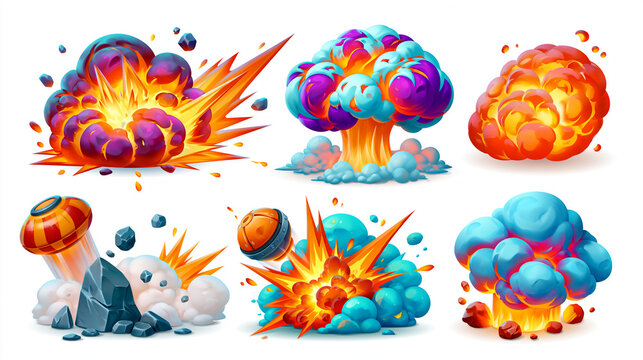 Colorful cartoon explosion effects with vibrant flames and smoke clouds.