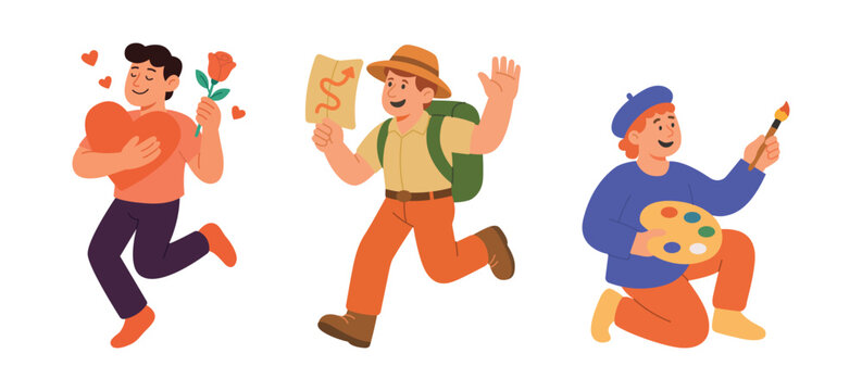 Set of three active cartoon characters. Romantic lover with big heart, traveler running with backpack and creative artist holding paint palette