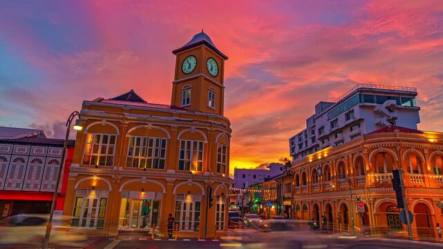 Time lapse of the historic Phuket Clock Tower surrounded by colorful sunset skies, colonial architecture, and evening traffic in the heart of Phuket Old Town, Thailand. beautiful sky background