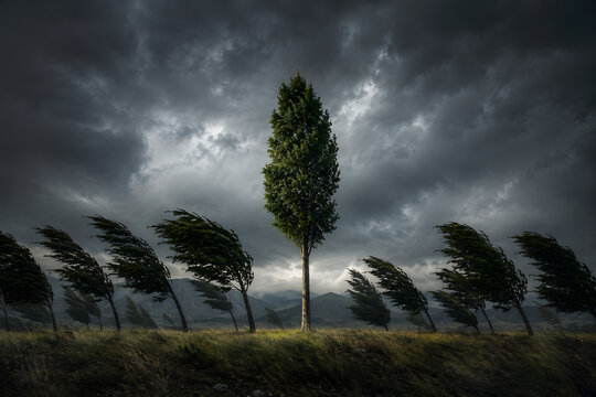 Single Tree Standing Strong in Storm While Others Bend, Resilience and Leadership Concept
