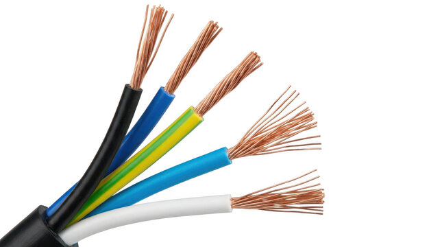 Closeup of a multicore electrical cable with exposed copper wires isolated on transparent background