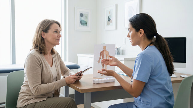 Woman attentively listens as a clinician explains human anatomy