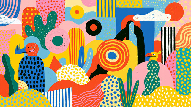 Vibrant abstract illustration featuring colorful shapes and playful patterns.
