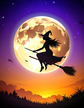 Silhouette of a Witch Flying on a Broomstick Against a Large Full Moon