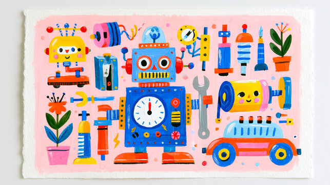 Colorful robot illustration featuring playful characters and cheerful elements.