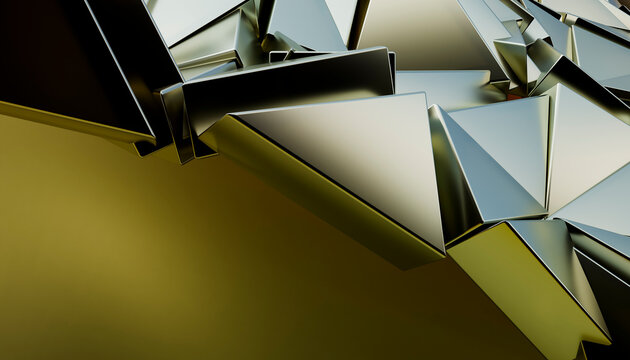 Golden metallic triangle composition in abstract 3D render