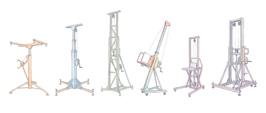 Industrial lift hoist winch crane set of construction material lifters and mechanical lifting equipment illustrations isolated on black background for engineering, building, and logistics designs.