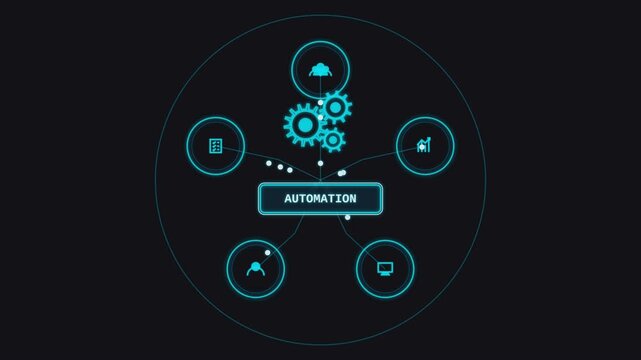 Digital automation network connecting business process icons on dark motion background.