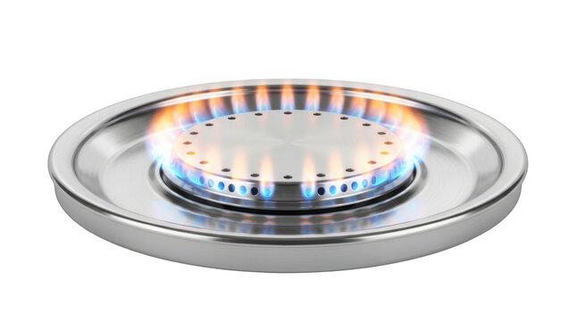 Gas stove burner with blue and orange flames isolated on transparent background
