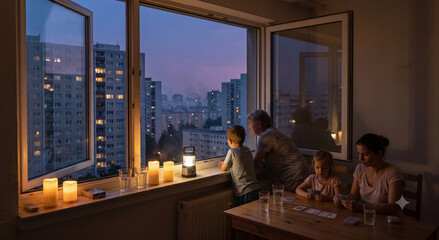 Fototapeta premium Family Waiting at a Window as City Power Fluctuates