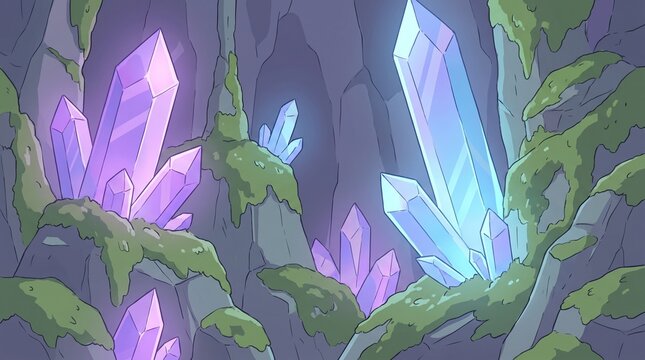 Enchanted fantasy cave cavern with large glowing purple and blue crystal clusters embedded in rocks
