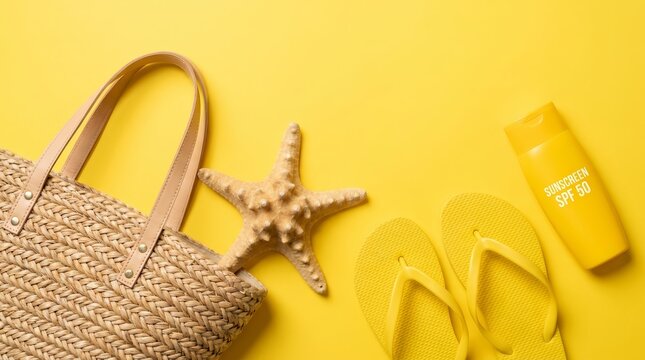 A wicker bag with stylish flip-flops, a starfish, and sunscreen cream against a sunny yellow backdrop.