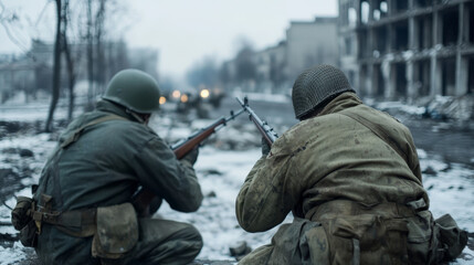 Obraz premium Two soldiers in historical uniforms crouch with rifles in a snowy, war-torn urban environment