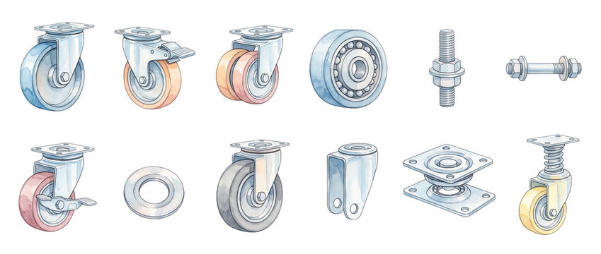 Industrial Caster Wheels Hardware Set with Swivel Mounts and Bolts, Watercolor Illustration Collection of Metal Mechanical Parts, Bearings, and Trolley Equipment Isolated on Black Background