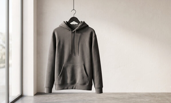Cozy Hoodie Hangs in Serene Space: A simple, comfortable gray hoodie, presented on a hanger against a minimalist wall, evokes a sense of effortless style and casual comfort.