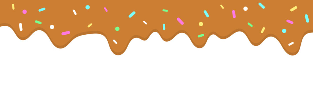 Abstract Sweet Caramel Dripping Icing Background with Colorful Sprinkles. Vector Illustration