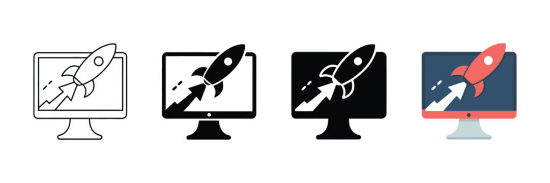 Rocket launch icons on computer screen, startup business growth concept, 4 digital marketing vector assets for web design