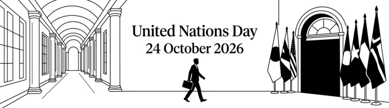 United Nations Day 24 October 2026 Celebration with Diplomat Walking in Hallway Vector Illustration