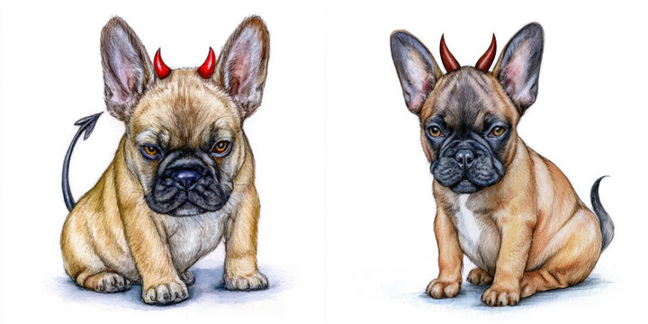 Two cartoon dogs with devil horns and tails sitting side by side