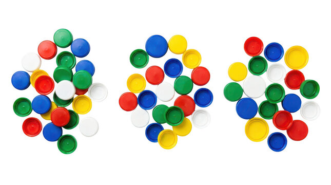 Three clusters of colorful plastic bottle caps isolated on transparent background