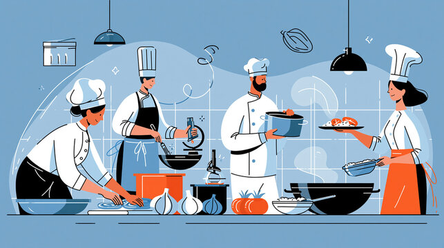Line art illustration of professional chefs demonstrating the full culinary journey, preparing ingredients, cooking and presenting delicious dishes, with copy space
